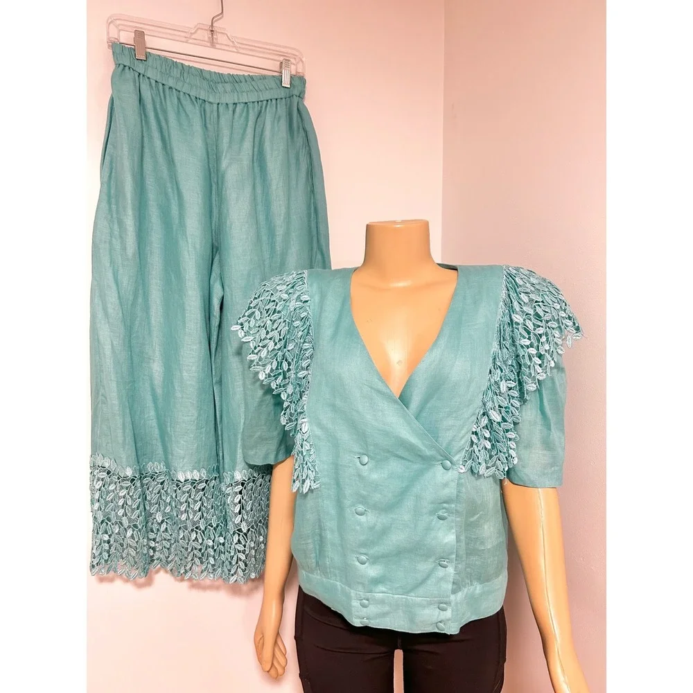 LERMAJ Vintage Teal Linen Blend Two Piece Set Lace Wrap Top Wide Leg Pants M/L